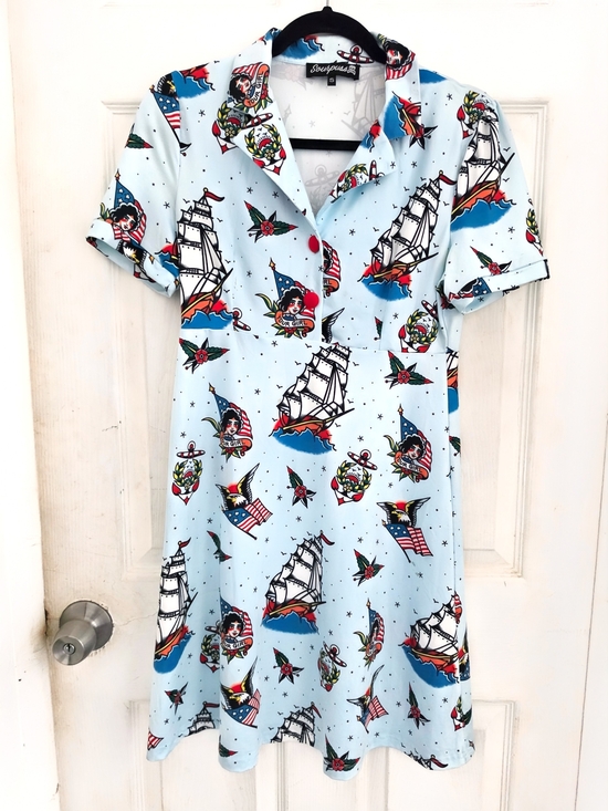 Sourpuss Dresses & Skirts - Sourpuss Light Blue Nautical Tattoo Button-Up Mini Dress